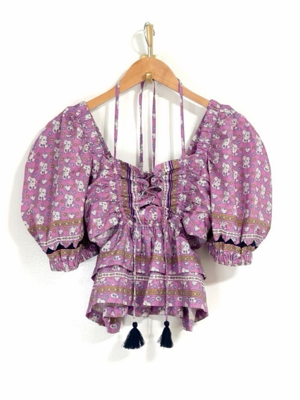 Sea New York Perry Lavender Floral Puff Sleeve Cut Out Crop Top Blouse Tassels